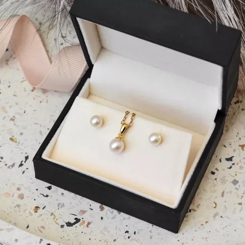 weißem Perle Set mit Ohrringe und Anhänger in 14 Karat Gold