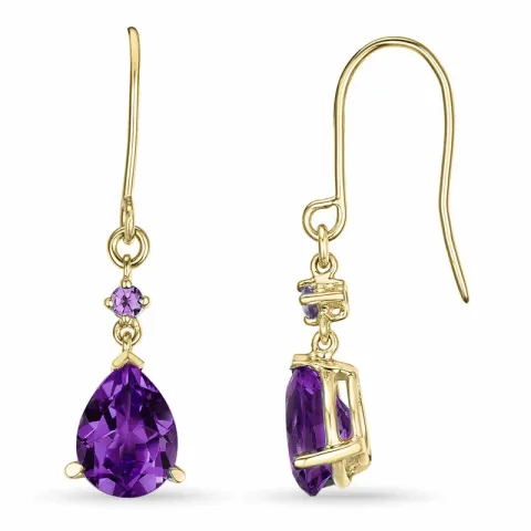 lange Tropfen Amethyst Ohrringe in 9 Karat Gold mit Amethyst und Amethyst 