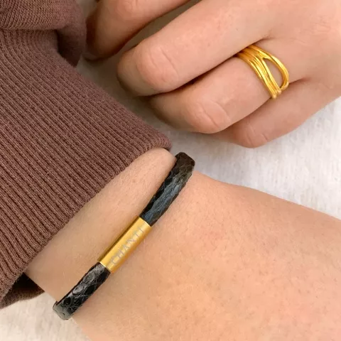 Flach schwarzem schlangenarmband aus leder mit vergoldetem stahl  x 6 mm