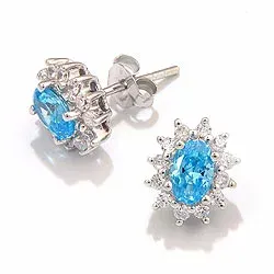 Rosette blauem Zirkon Ohrstecker in rhodiniertem Silber
