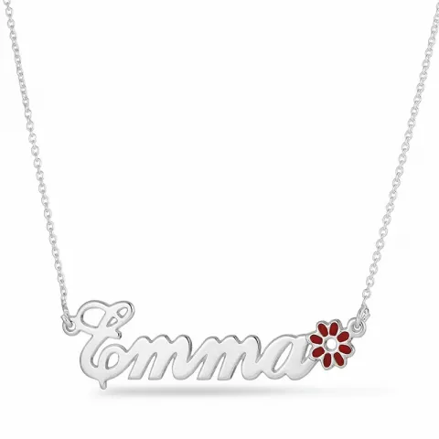 Blumen Namenskette mit Anhänger in Silber mit  rotem Emaille