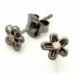 kleinen Blumen Ohrstecker in schwarzes rhodiniertes Silber mit vergoldetem Sterlingsilber