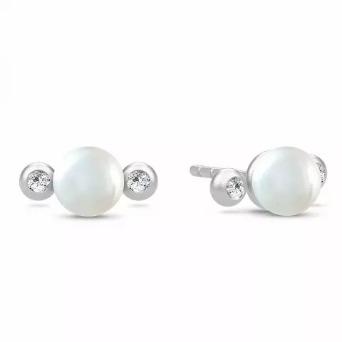 Kleinen Julie Sandlau weißen Perle Ohrringe in Satinrhodiniertes Sterlingsilber weißen Zirkonen