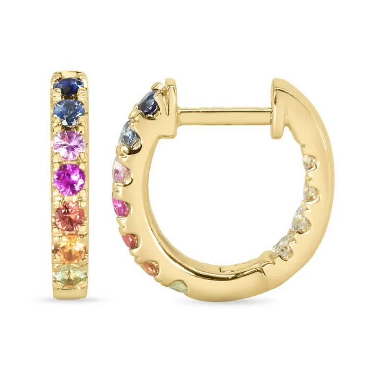 14 mm mehrfarbigen Saphir Kreole in 14 Karat Gold mit Diamant und Saphir