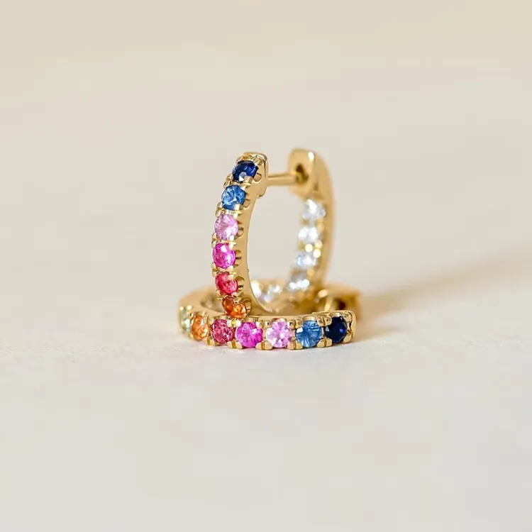 14 mm mehrfarbigen Saphir Kreole in 14 Karat Gold mit Diamant und Saphir