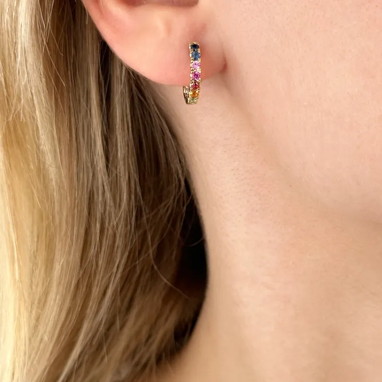 14 mm mehrfarbigen Saphir Kreole in 14 Karat Gold mit Diamant und Saphir