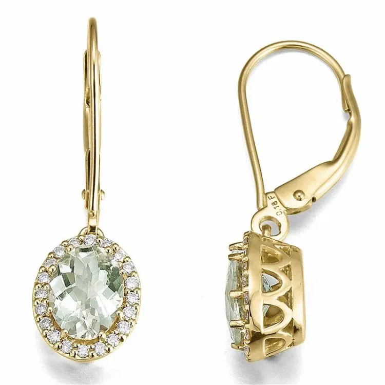 ovalen grünen Amethyst Diamantohrringe in 14 Karat Gold mit Diamant und Amethyst