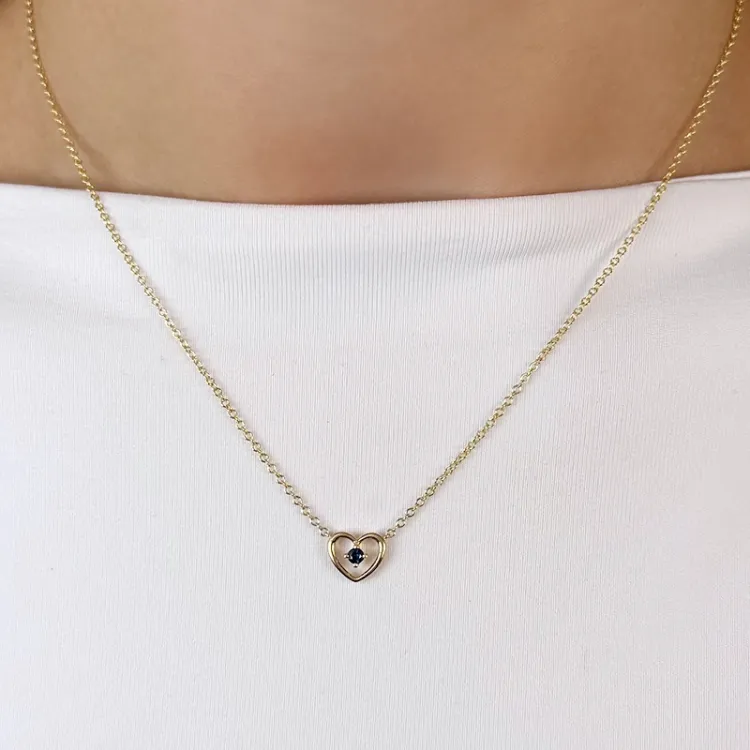 42 cm Herz Saphir Anhänger mit Halskette in 14 karat Gold 0,07 ct
