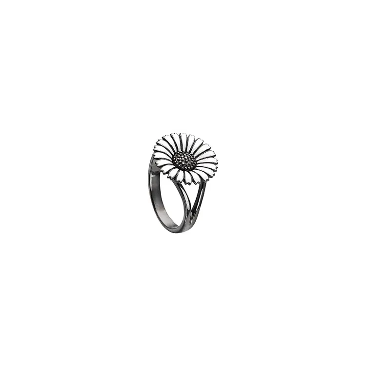 15 mm Kranz und Ziegler Marguerite Ring in schwarzes rhodiniertes Silber weißem Emaille