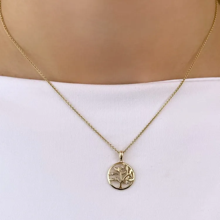 13 mm Lebensbaum Diamant Anhänger in 14 karat Gold 0,018 ct