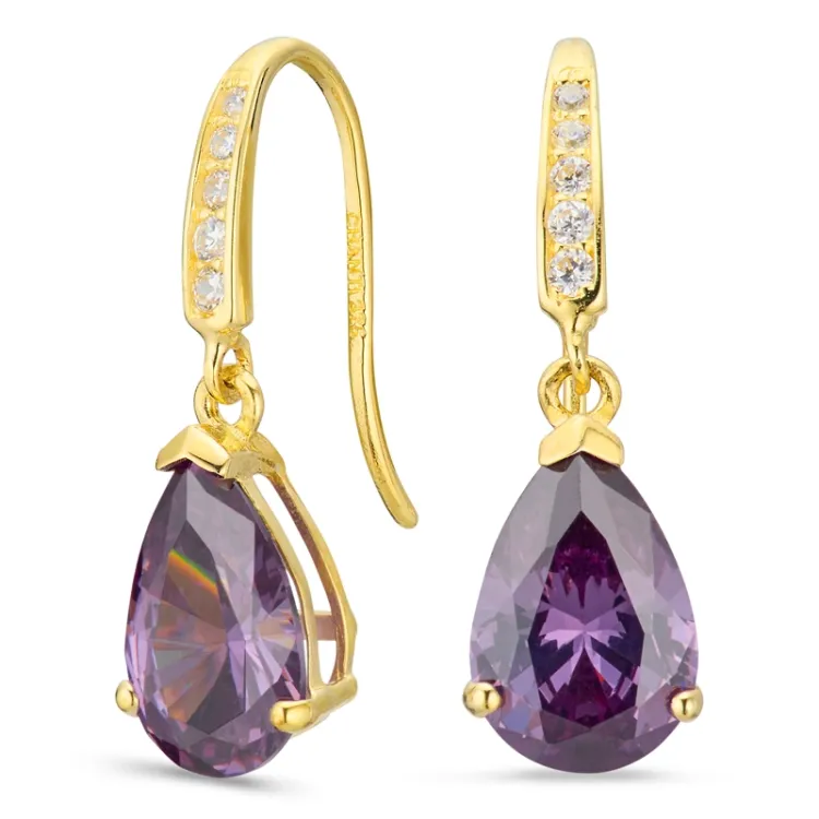tropfenförmiger Ohrringe in 9 Karat Gold mit synthetisch Amethyst und Zirkon - Gold Collection