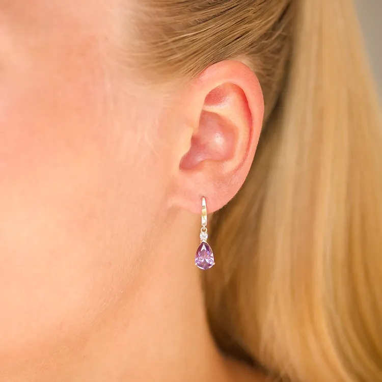 tropfenförmiger Ohrringe in 9 Karat Gold mit synthetisch Amethyst und Zirkon - Gold Collection
