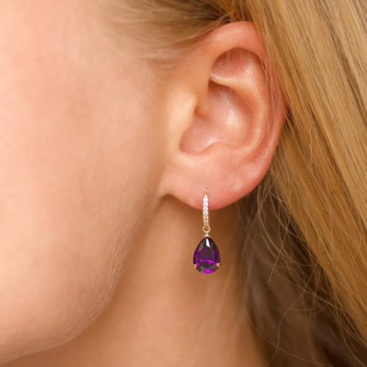 violettem Ohrringe in 9 Karat Gold mit synthetisch Amethyst und Zirkon - Gold Collection