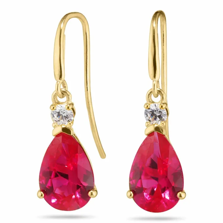 Tropfen rotem Goldohrringe in 14 Karat Gold mit synthetische Rubin und Zirkon - Gold Collection