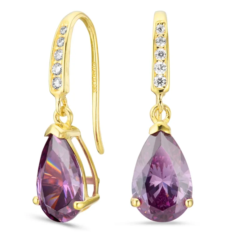 tropfenförmiger Ohrringe in 14 Karat Gold mit synthetisch Amethyst und Zirkon - Gold Collection