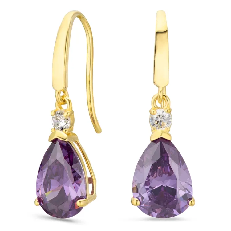 tropfenförmiger Ohrringe in 14 Karat Gold mit synthetisch Amethyst und Zirkon - Gold Collection
