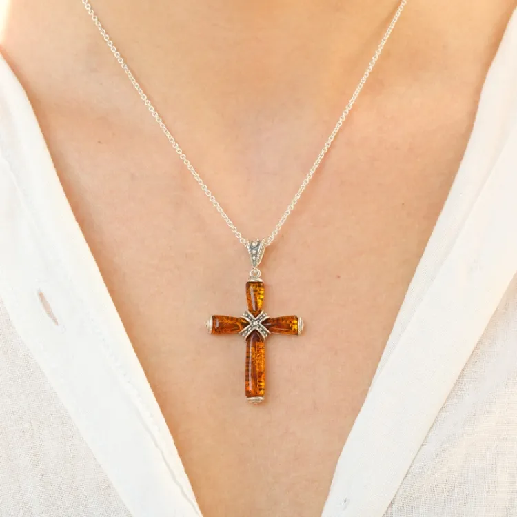 Großer kreuz bernstein anhänger aus silber