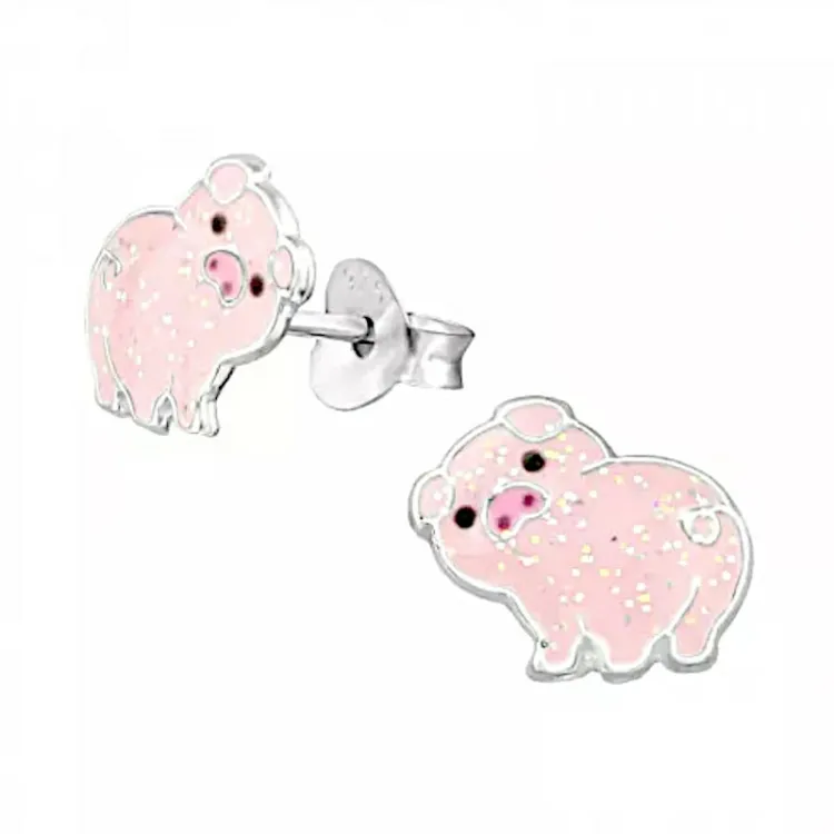 Schwein hellroten Ohrstecker in Silber - Little Ones