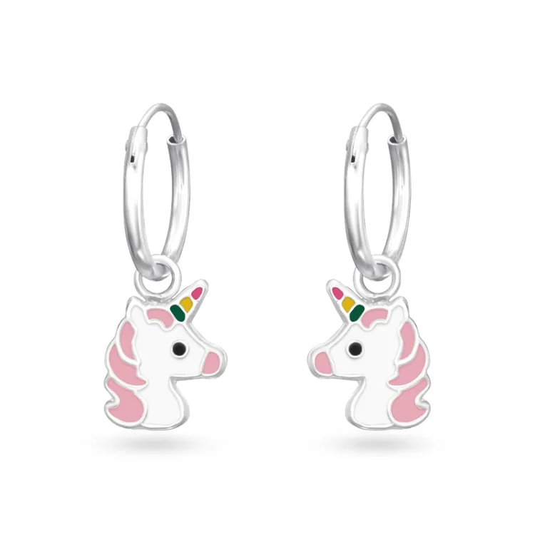 lange Einhorn Emaille Kreole in Silber - Little Ones