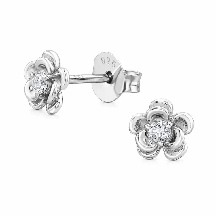 Blumen Ohrstecker in rhodiniertem Silber mit lab grown Diamant 