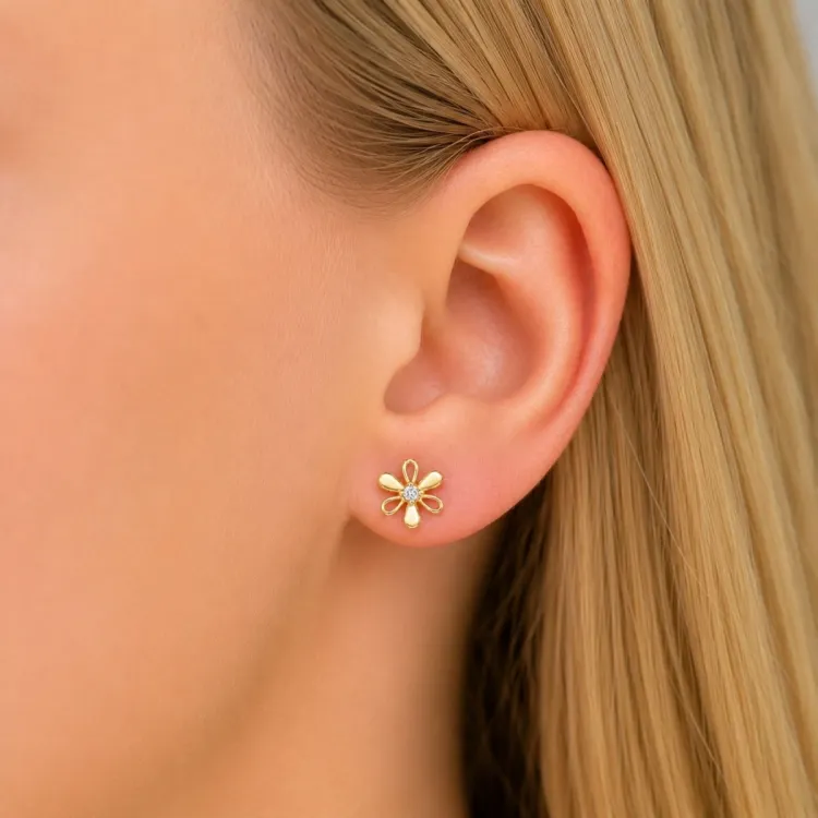 Blumen Ohrringe in vergoldetem Sterlingsilber mit lab grown Diamant 