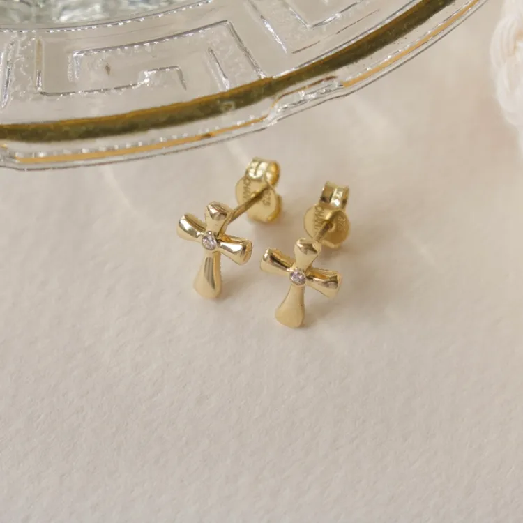 Kreuz Zirkon Ohrstecker in 9 Karat Gold mit Zirkon