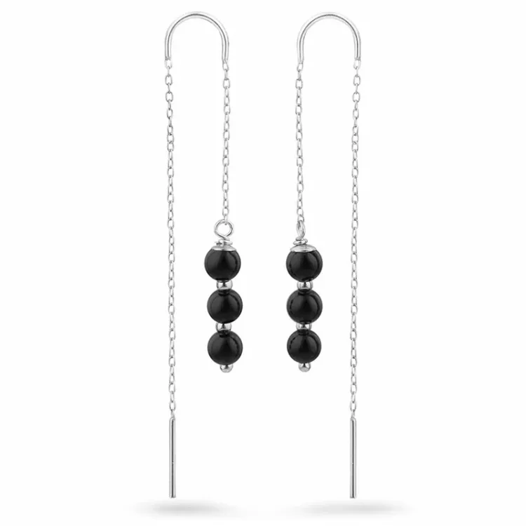 schwarzem Onyxe ketten ohrringe in Silber - Loom Stones