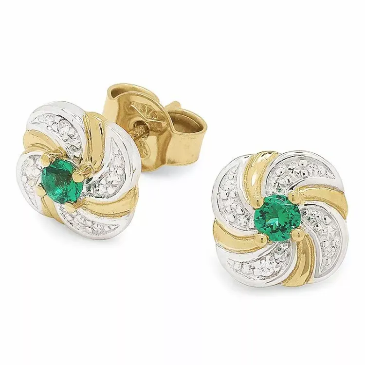 Preiswerten Goldohrstecker in 9 Karat Gold mit Rhodium mit Synthetischer Smaragd und Zirkonen