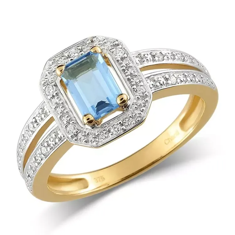 Kollektionsmuster blauem Topas Ring aus 9 Karat Gold mit Rhodium