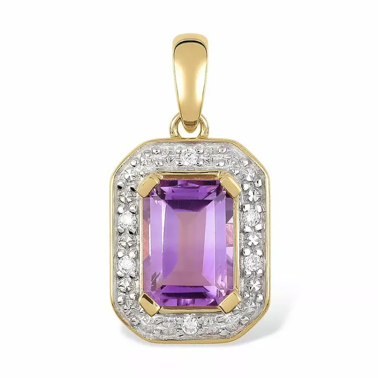 viereckigem Amethyst Anhänger aus 9 Karat Gold mit Rhodium