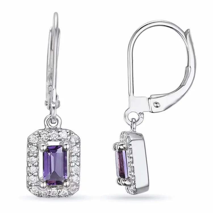 lange viereckigem Amethyst Ohrringe in 14 Karat Weißgold mit Diamant und Amethyst