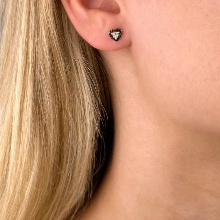 Herz Diamant Ohrstecker in 14 Karat Gold mit Diamant und schwarz Diamant