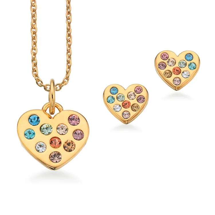 Scrouples Herz Set mit Ohrringe und Anhänger in vergoldetem Sterlingsilber mehrfarbigem Zirkon