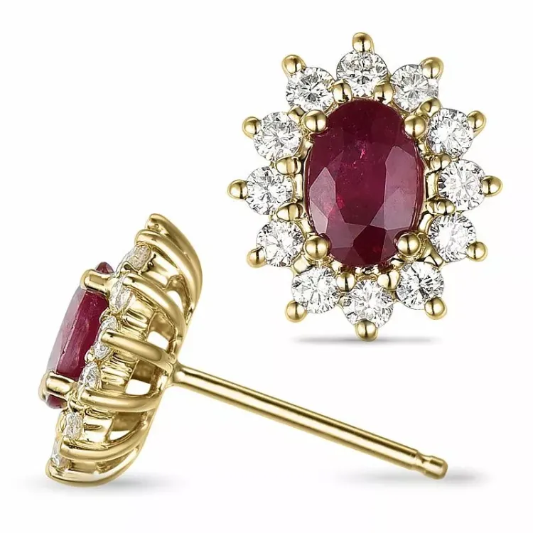 Rubin Rosettenohrstecker in 14 Karat Gold, rhodiniert mit Diamant und Rubin