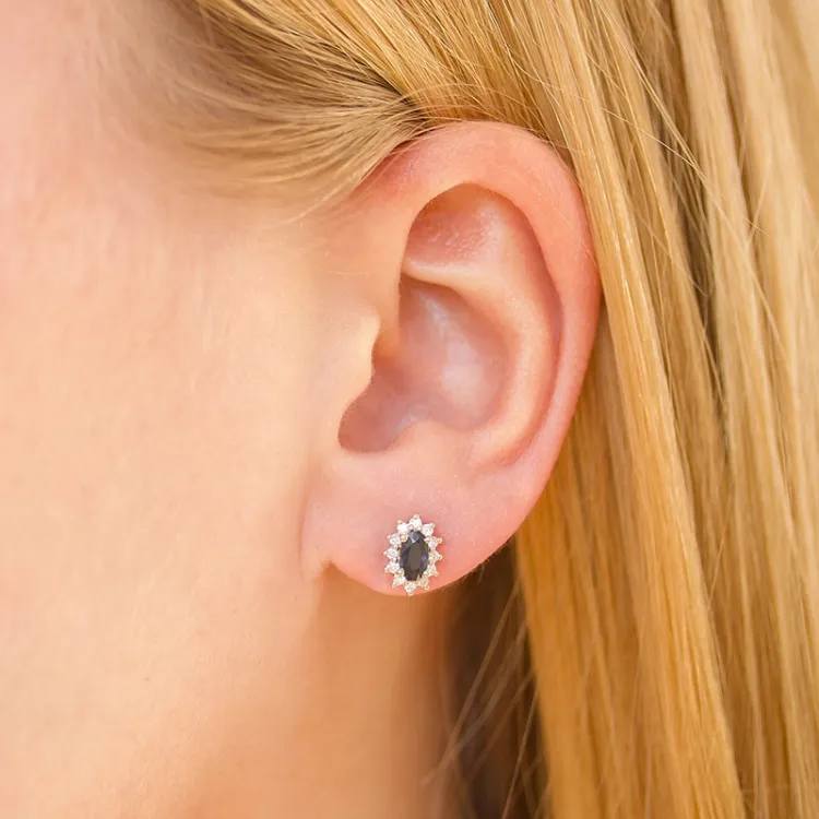 Saphir Rosettenohrstecker in 14 Karat Gold mit Diamant und Saphir 