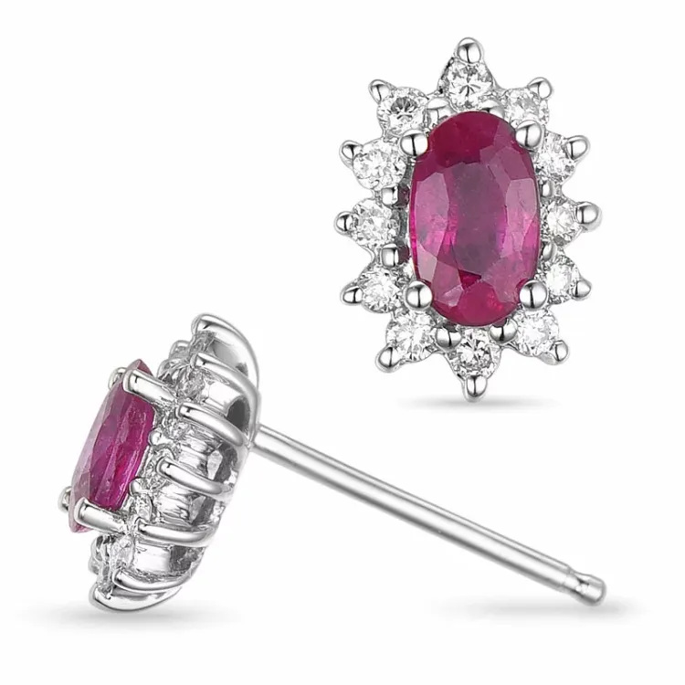 Granat Rosettenohrstecker in 14 Karat Weißgold mit Diamant und Granat