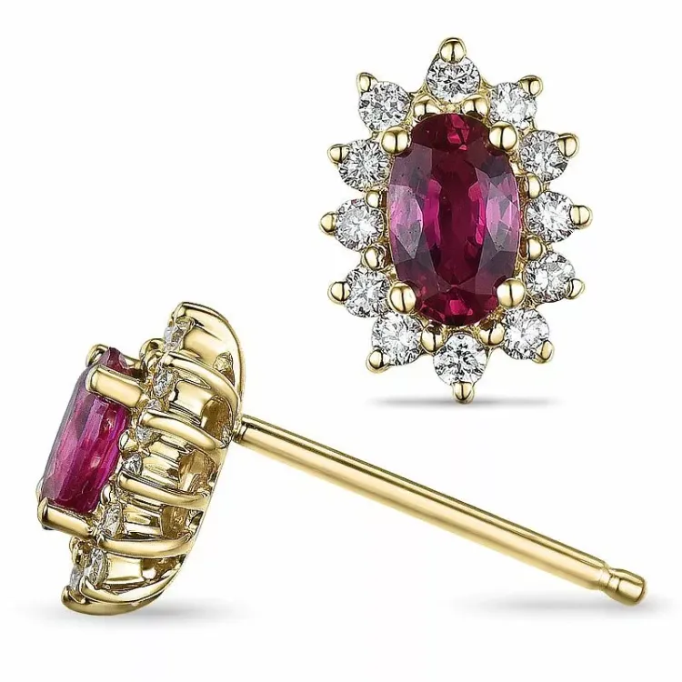 Rubin Rosettenohrstecker in 14 Karat Gold mit Diamant und Rubin 
