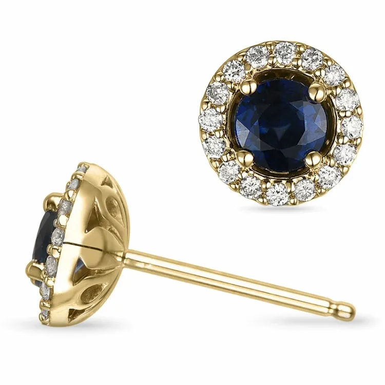 runden Saphir Ohrstecker in 14 Karat Gold mit Diamant und Saphir