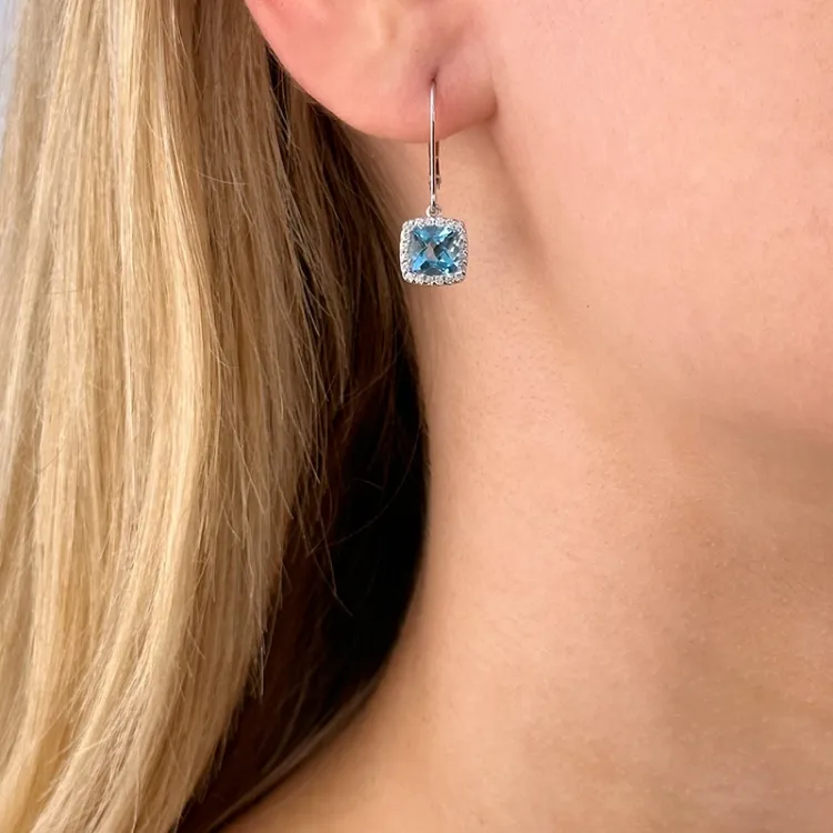 lange Blautopas Ohrringe in 14 Karat Weißgold mit Diamant und Topas 