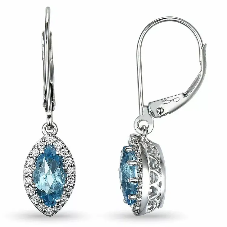 ovalen lange Blautopas Diamantohrringe in 14 Karat Weißgold mit Diamant und Topas