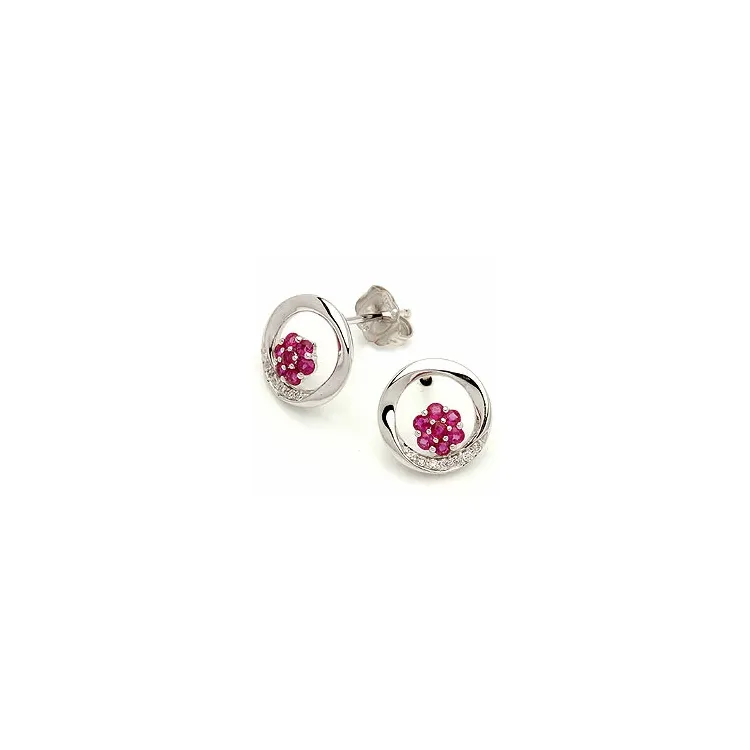runden Blumen Rubin Ohrstecker in 14 Karat Weißgold mit Diamant und Rubin 