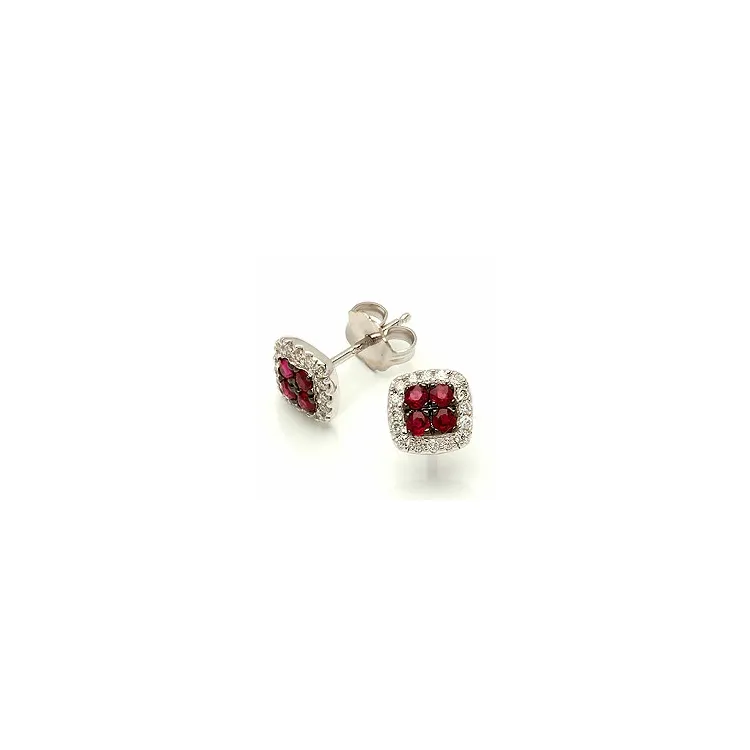 viereckigem Rubin Ohrstecker in 14 Karat Weißgold mit Diamant und Rubin 
