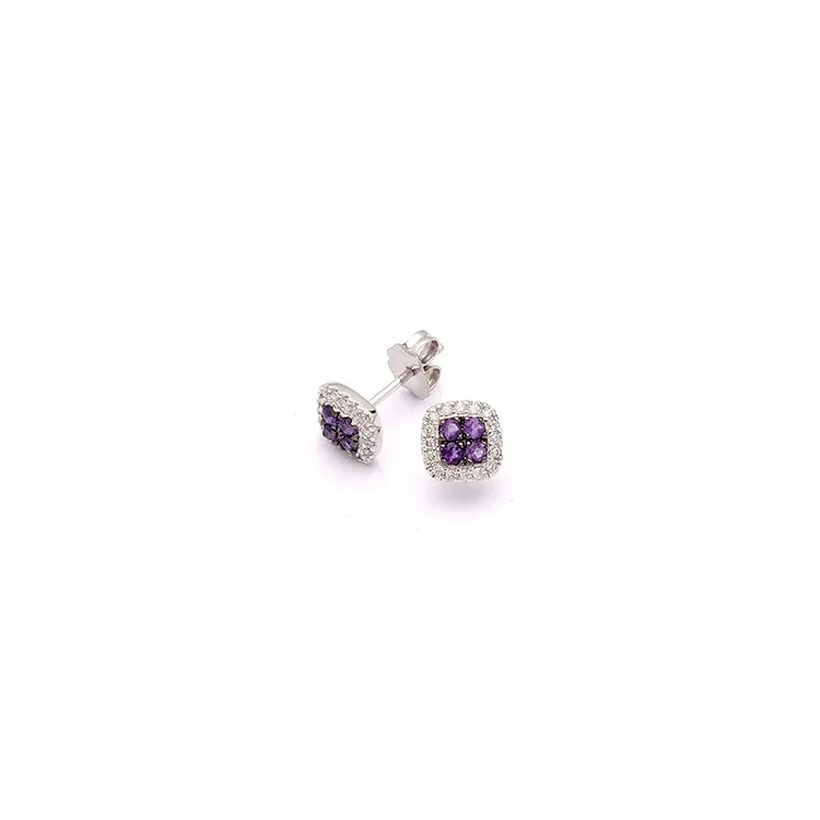 viereckigem violettem Amethyst Diamantohrringe in 14 Karat Weißgold mit Diamant und Amethyst 