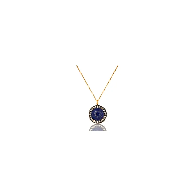 Runder blauem Halskette aus vergoldetem Sterlingsilber und Anhänger aus oxidiertem Sterlingsilber