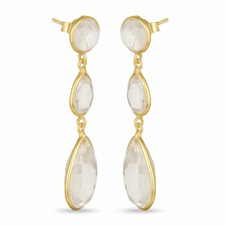tropfenförmigen weißen Quarz Ohrringe in vergoldetem Sterlingsilber - Loom Stones