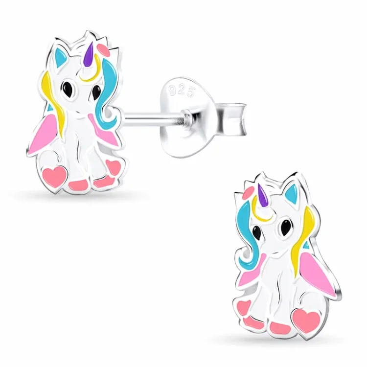 Einhorn Emaille Kinderohrringe in Silber - Little Ones