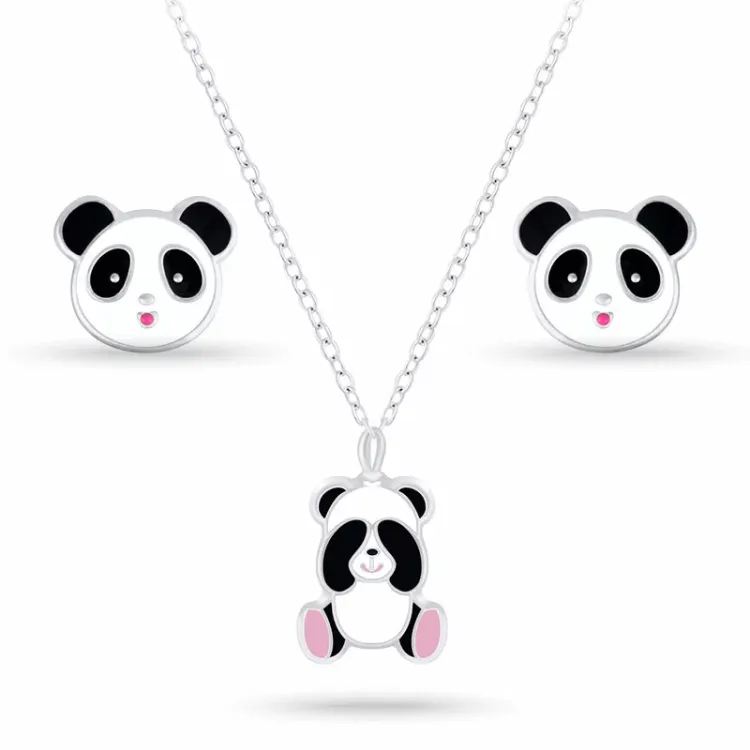 Panda Set mit Ohrringe und Halskette in Silber weißem Emaille schwarz Emaille pink Emaille - Little Ones