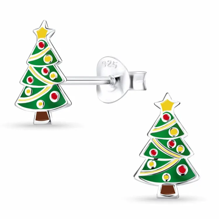 Weinachtsbaum Emaille Kinderohrringe in Silber - Little Ones