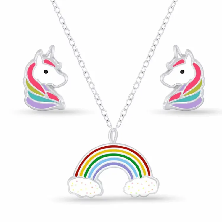 einhorn Set mit Ohrringe und Halskette in Silber mehrfarbigem Emaille - Little Ones