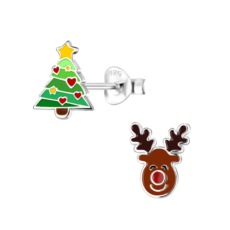 Weihnachten Hirsch Emaille Kinderohrringe in Silber - Little Ones
